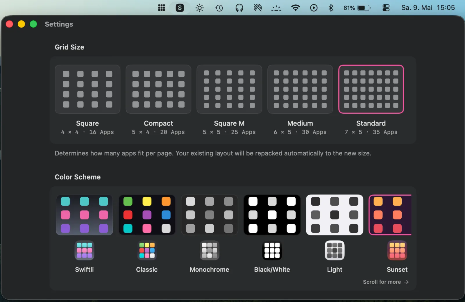 Swiftli Launch Pad settings for a macOS app launcher