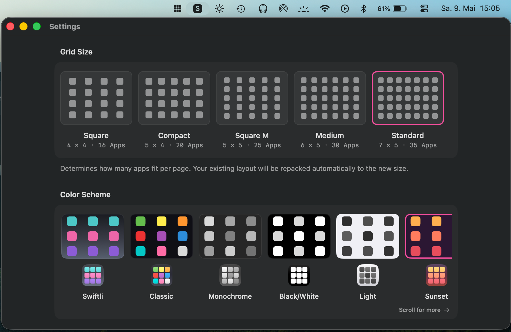 Swiftli Launchpad settings window